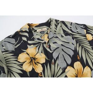 Tommy Bahama Mens Medium Black Green Silk Floral Hawaiian Camp Shirt